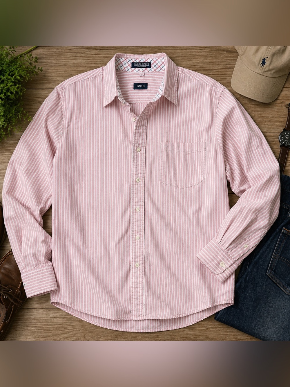 IZOD Washed Oxford Pink White Stripe Button Down Shirt Large 100% Cotton